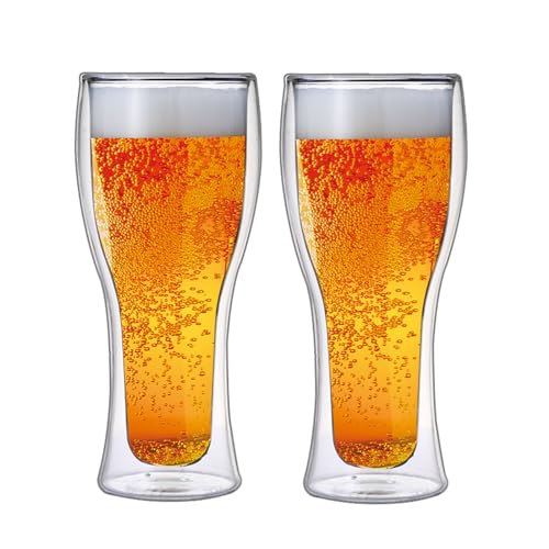 Lista de Vasos cerveceros los 10 mejores. 42 PKDEF Vasos de Cristal Doble Pared, Vasos de Cerveza de 500ml, 2 Piezas Vasos de Vidrio, para Bebidas Frías o Calientes, Café, Jugo, Té, Capuchino y Coctelería