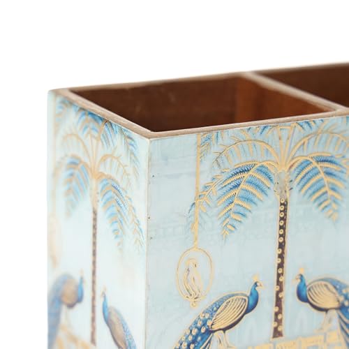 Image of DULI Multipurpose Stand, Cutlery Holder, Spoon Stand, Table Organizer with 2 Sections, Chammach Stand (10cm x 15cm) (MCDPSDbl- BlueGoldenPeacock)