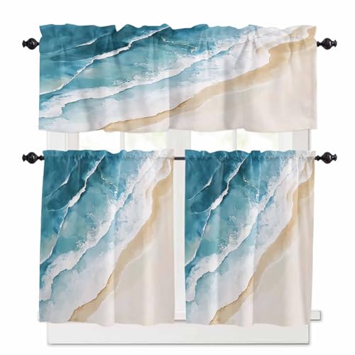 Blue Teal Beach Coastal Kitchen Curtains 24 Inch Length,3 Piece Rod Pocket Small Half Tiers and Valance Set,Summer Nautical Seaside Ocean Small Large Window Treatment Decor for Bedroom/Bathroom Sink