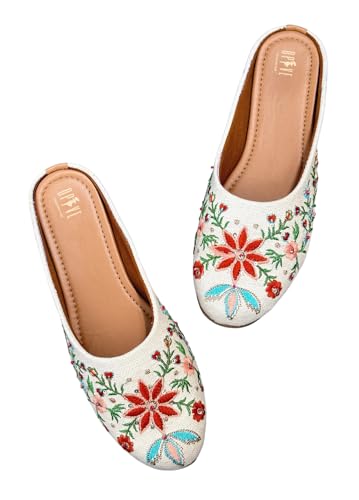 Image of OPIVE's Mehandi Women's Mojari Jutti Ethnic Punjabi Juttis Traditional Flat Embroidered Canvas Fancy Bellies Comfortable Sole for Womens & Girls