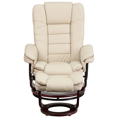 Flash Furniture Contemporary Multi-Position Recliner With Horizontal Stitching And Ottoman With Swivel Mahogany Wood Base In Beige Leathersoft #TOP6