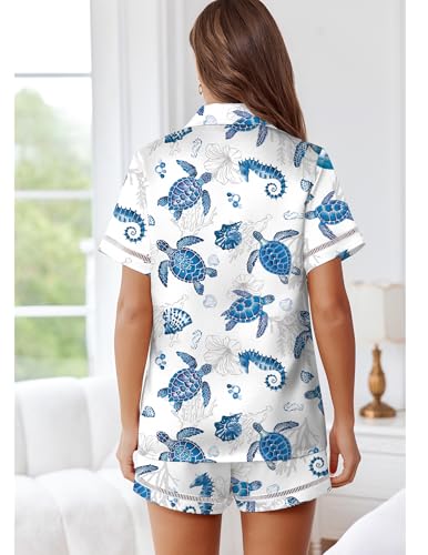 Image of Ekouaer Womens Silk Pajama Sets Button Up Satin Pjs Short Sleeve 2 Piece Pj Sets Cute Lounge Sets with Chest Pocket