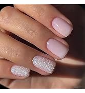 Short Press on Nails French Square Fake Nails, Acrylic Nails, Shiny Glossy False Nails Kits Super...
