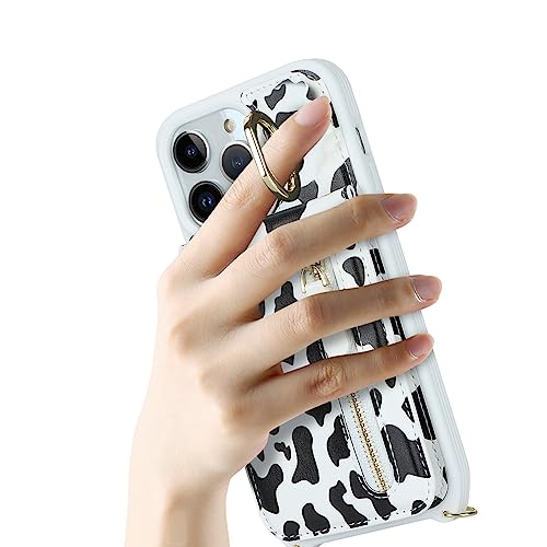 Image of iPhone 14 Pro Max Case for Women with Card Holder, iPhone 14 Pro Max Phone Case Wallet with Strap,Crossbody Lanyard Cases with Credit Card Slots Kickstand Ring Holder Stand Case,6.7 inch,Cow Print