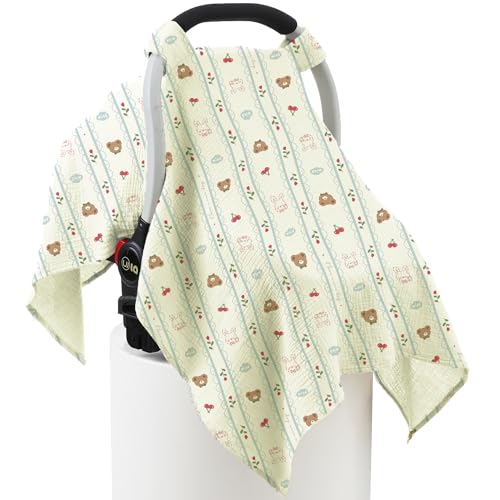 Image of 100% Muslin Cotton Car Seat Cover Baby, Carseat Canopy Cover, Universal Fit Stroller Covers for Boys and Girls (Nice Day)