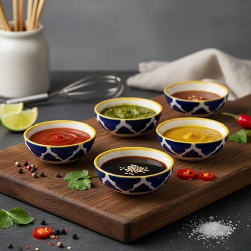 Image of Decorative Ceramic Eating Bowls for Regular Needs Kitchen Tableware Small Bowls for Dipping, Rice, Cereal, Soup, Desserts, Snacks, Fruits, Salads Dishwasher & Microwave Safe (Blue, Set of 6)