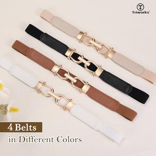 4 Pack Skinny Elastic Belts for Women Gold Buckle Thin Stretchy Waist Belts for Dresses4