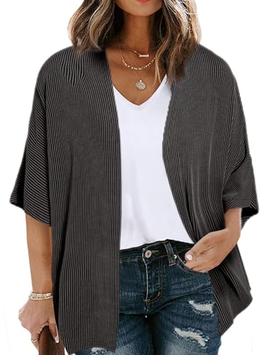 Image of Eytino Women Plus Size Lightweight Cardigan Half Sleeve Ribbed Knit Kimono Cardigans Tops(1X-5X)