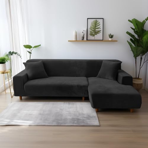 NAKIHOUSE Samt Sofabezug Waschbar Sofaüberwurfe mit einem Kissenbezug, Superweicher Elastische Sofa Abdeckung in Schwarz Farbe für 1/2/3/4 Sitzer(L-förmiges Ecksofa erfordert Zwei)