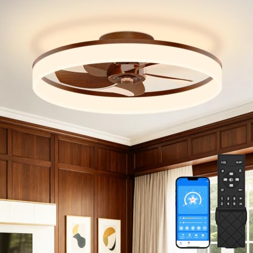 Image of VOLISUN Low Profile Ceiling Fans with Lights and Remote, 20in Fandelier Ceiling Fan Flush Mount, 3000K-6500K Smart Bladeless LED Fan Light, Farmhouse Ceiling Fans with Lights for Bedroom(Wood)