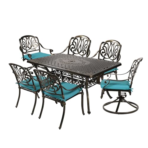 Image of MEETWARM 7-Piece Outdoor Patio Dining Set, All-Weather Cast Aluminum Patio Conversation Set with 2 Swivel Rocker Chairs, 4 Stationary, 1 Rectangular Table, 6 Cushions, 2 inch Umbrella Hole, Ocean Blue