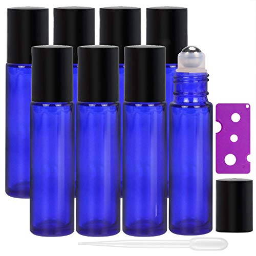 Alledomain, 8 botellas de 10 ml de aceites esenciales, botellas de vidrio recargables de color azul cobalto con bolas de acero inoxidable, incluye 12 etiquetas, 1 cuentagotas y abridor Cover