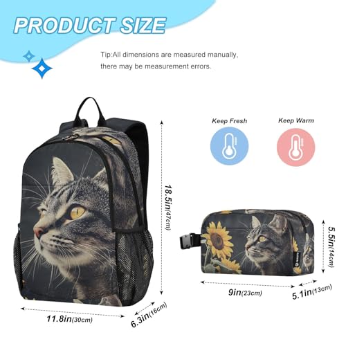 Backpack Lunch Bag Set for Travel Hiking Picnic, Cat Sunflower Print Backpacks with Insulated Lunch Box2