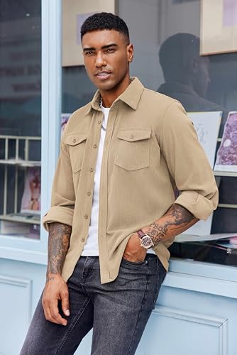 COOFANDY Men's Corduroy Button Down Shirts Jackets Casual Long Sleeve Shacket Lightweight Overshirts with Flap Pockets3