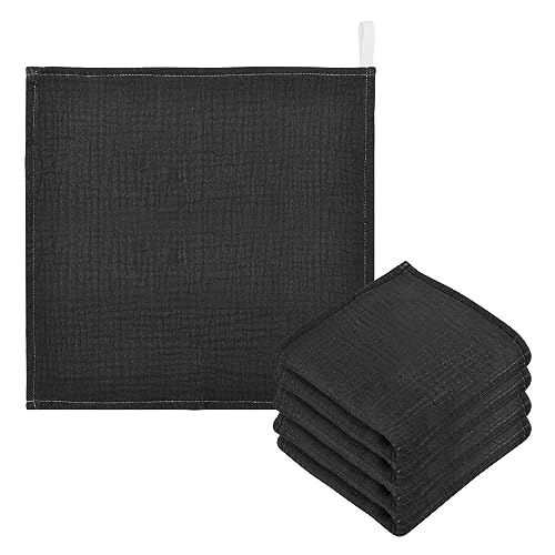 Image of YETTASBIN Solid Black Muslin Baby Hand Washcloths, Soft Cotton Bath Face Towel, 4 Layers Extra Absorbent Feeding Burp Cloth for Newborn Infant Sensitive Skin, 5 Pack