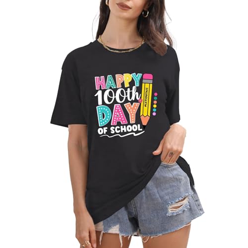 Image of 100th Day of School Shirt for Women Teacher Graphic T-Shirt Funny Teach Short Sleeve Tee Tops