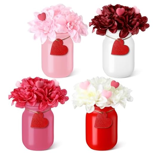 Pinkunn 4 Sets Valentine's Day Mason Jar Decor Farmhouse Valentine's Day mason Jars Mason Jar Dining Table Centerpiece Mason Jar Decor with Flowers Decoration