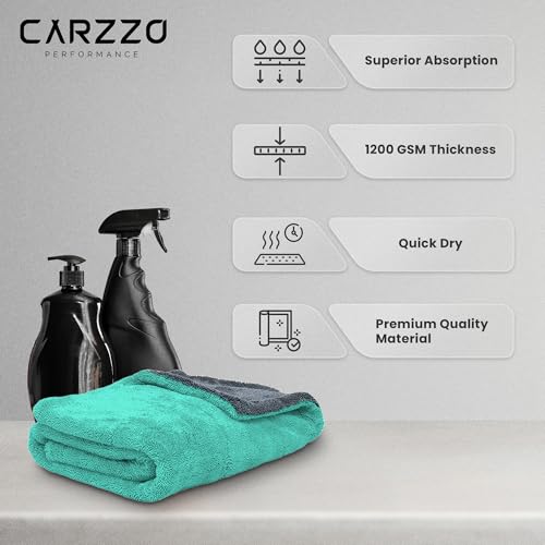 Image of Microfiber Car Cleaning Cloth, 1200 GSM, Large 60x40 Cm Ultra Soft, Super Water Absorbent, Lint Free Twisted Loop Towel for Car, Bike, Household, Drying & Detailing (Green & Grey)