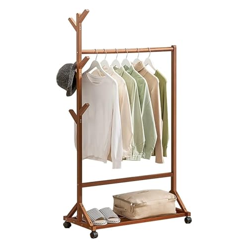 Perchero independiente con ruedas con 6 ganchos y estantes de almacenamiento, elegante organizador de ropa colgante para dormitorio