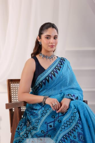 Image of TAMAIRA FASHION Mulmul Pure Cotton Saree For Woman Sambalpuri Printed |Office Wear Daily Wear Sarees For Women Without Blouse Piece (Available in 10 Colours)