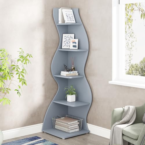 Image of Tribesigns Corner Shelf, Modern 5-Tier Wall Corner Bookshelf, Stylish Corner Small Bookcase Storage Rack Plant Stand with Unique Shape for Living Room, Home Office (Blue, 1PC)