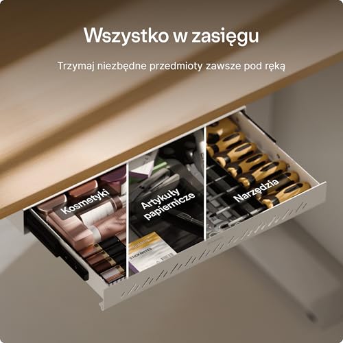 Desktronic Szuflada na biurko, ukryty organizer na biurko, szuflada do przechowywania pod biurkiem, łatwa instalacja, oszczędność miejsca, duża pojemność, metal, do biura i toaletki, trwała