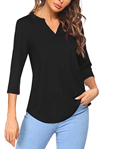Sherosa Women's 3/4 Sleeve Shirts V Neck Casual Henley Work Tops Blouses3