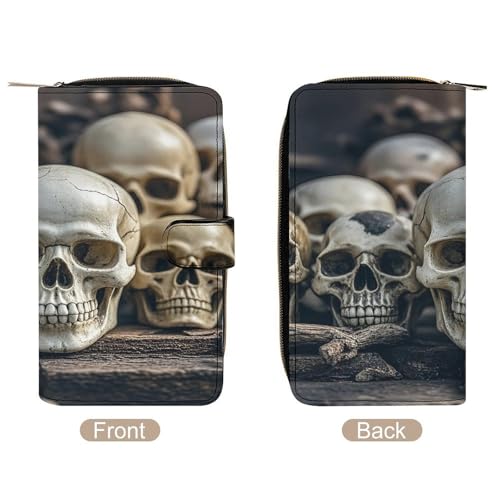 Skulls Leather Wallet Long Checkbook Wallets Classic Bifold Ladies Clutch with ID Window3
