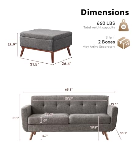 Tbfit 65" W Loveseat Sofa with Ottoman Coffee Table, Mid Century Modern Love Seat Couches for Living Room, Button Tufted Upholstered Small Couch for Bedroom,Easy to Install Love Seats Furniture, Gray