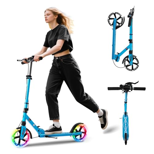 Welmotive Aluminium Cityroller klappbar höhenverstellbar mit Ständer & LED Rädern – Scooter für Kinder & Erwachsene bis 100 kg – Stabiler Tretroller Blau