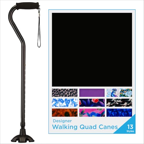 nova joy designer offset quad cane for seniors - unisex adjustable lightweight walking aid with foam handle, wrist strap and anti-rattle lock - essential mobility support - black