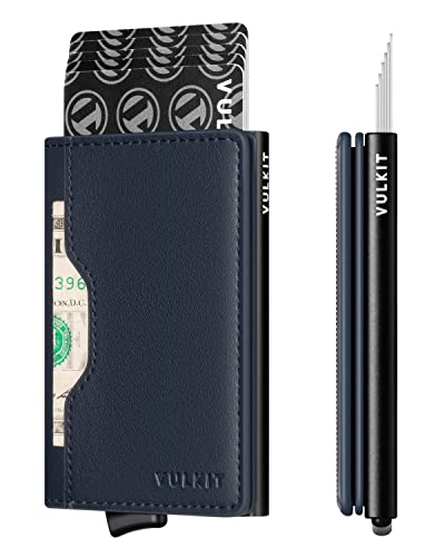 Image of VULKIT Pop up Wallet Credit Card Holder with Leather Slots RFID Blocking Metlal Bank Card Case for Men or Women(Navy)