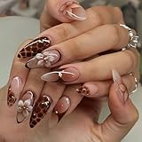 SXVME Floral Press on Nails Medium Long Almond, Brown False Nails Press on with 3D Floral Design Fake Nails Full Cover Glossy Artificial Autumn Flower Glue on Nail for Women