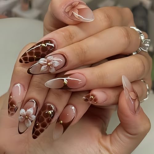 SXVME Floral Press on Nails Medium Long Almond Brown False Nails Press on with 3D Floral Design Fake Nails Full Cover Glossy Artificial Autumn Flower Glue on Nail for Women