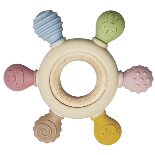 Image of Pepicat Silicone Teething Toys, Natural Wooden Ring with Silicone Teething Cover, Teething Toys for Babies 0-6 Months, BPA Free, Infant Toys for Teething Relief, Baby Chew Toys, Wooden Baby Toy Gifts