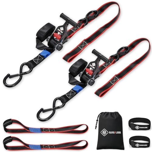 RUNAFLAMA Motorrad Spanngurte mit Ratsche [800 kg Bruchlast & EN 12195-2 geprüft] 2x Ratschengurt mit Haken (1 9 m) + 2 Zurrschlaufen Zurrgurte inkl. Tasche & Klettband (Für Transport & Anhänger)