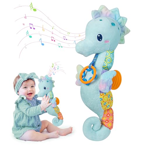 Image of Baby Toys 0-6 Months,Infant Musical Seahorse Stuffed Animals Sensory Toys with Bright Colors,Multiple Textures,Rattles & Crinkle Sound Paper,Soft Tummy Time Toy for Newborn Boys Girls 0-12 Months-Blue