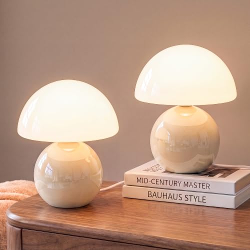 Image of Dawnwake Mushroom Lamp Table Lamps Set of 2 for Bedroom Living Room,Cream | 8.7 inch Mid Century Modern Small Desk Table Lamps for Living Room Bedroom Decor,Ceramic Lamps for Home Room Decor,Glass Shade