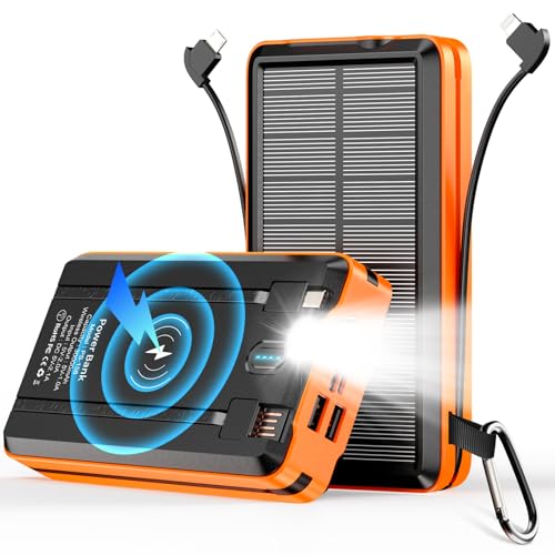 AEECESTORE Solar Power Bank Portable Charger 52800mAh 5V/3A Fast Charging Battery Pack with Built in 4 Cables 2 Outputs & LED Flashlight for All Mobile Devices Camping Traver Outdoor