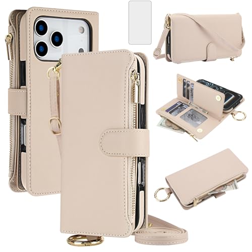 Asuwish Funda para iPhone 17 Pro de 6.3 pulgadas con cremallera y protector de pantalla de vidrio templado, correa cruzada, tarjetero, bloqueo RFID, soporte para celulares, iPhone 17, i17, 17Pro