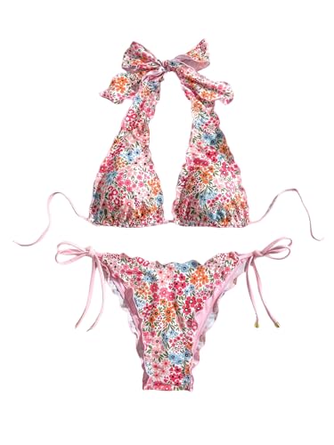 WDIRARA Women's Floral Ruffle Swimsuit Halter String Triangle Bikini Set Tie Side 2 Piece Bathing Suit