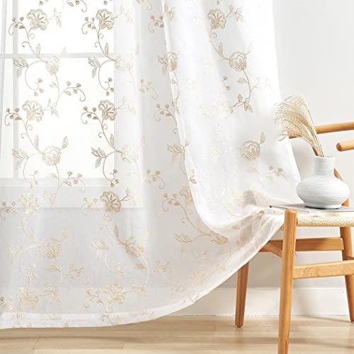 Image of Beige Sheer Curtains Embroidery 63 Inch Length Rod Pocket Voile Drapes for Living room, Bedroom, Window Treatments Semi Flower Pattern Curtain Panels for Kitchen, Yard, Farmhouse, Set of 2, 52 inchx 63 inch.