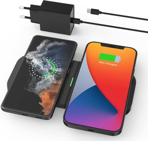 JoyGeek Cargador Inalámbrico 2 en 1, Estación de Carga Inductiva 15W MAX, Base de Carga Rápida Portátil con Luz LED Automática, Cargador Nocturno para iPhone 8-17/XR/X, Samsung S22-S25, AirPods 4/Pro