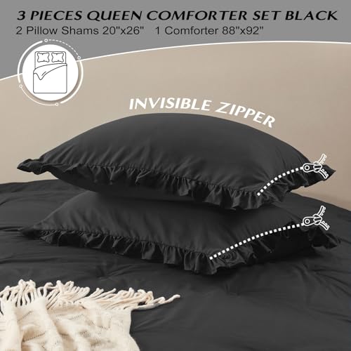 Image of HARBOREST Queen Comforter Ruffle Black, Fluffy Queen Bedding, 3 Pieces Shabby Chic Comforter Set(1 Comforter & 2 Pillow Shams)