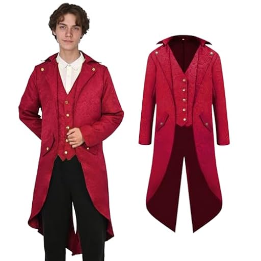 AFJIODUV Disfraz steampunk para hombre, chaqueta vintage victoriana, abrigo gótico, ropa medieval para hombre, abrigo para Halloween, carnaval, cosplay, fiesta (rojo, XS) | Ya disponible en tu tienda friki favorita! En mundofriki.es!