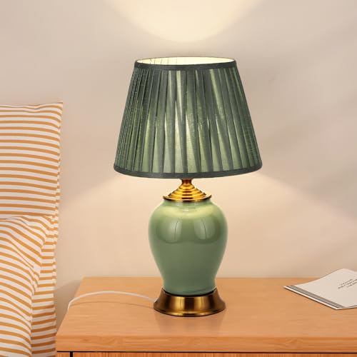 HvKvHvY Lampe De Table Moderne E27 RéTro En CéRamique,éClairage DéCoratif Pour Salon, Veilleuse Blanche En Tissu, Chambre à Couche, Vert