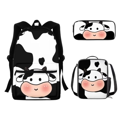 Set di zaini 3 in 1 per bambini con borsa per il pranzo per adolescenti ragazze studenti libri Mucca da latte.