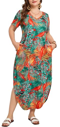 Image of Women's Plus Size Maxi Dresses V Neck Casual Short Sleeve Loose Pocket Slits Long Dress XL-5XL