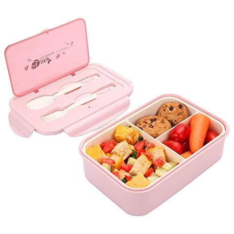 Merysen 1400 ml Bento Lunch Box for Adults & Kids, Food Container with 3 Compartments and Cutlery Set(Fork and Spoon), Microwave & Dishwasher Safe (Pink) Cover