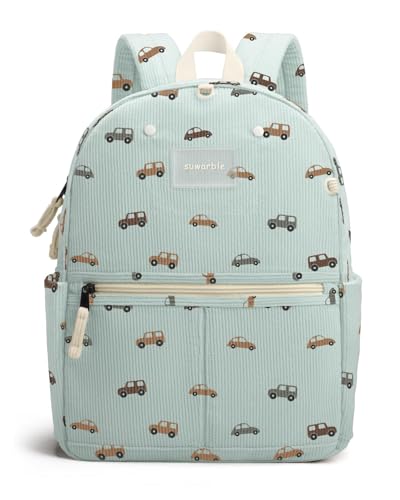 suwarble Mochila infantil de veludo cotelê para meninas e meninos de 2 a 6 anos, mochila infantil fofa para meninos e meninas, Padrão de carro azul, Pequeno (40 cm de altura serve para pasta A4)